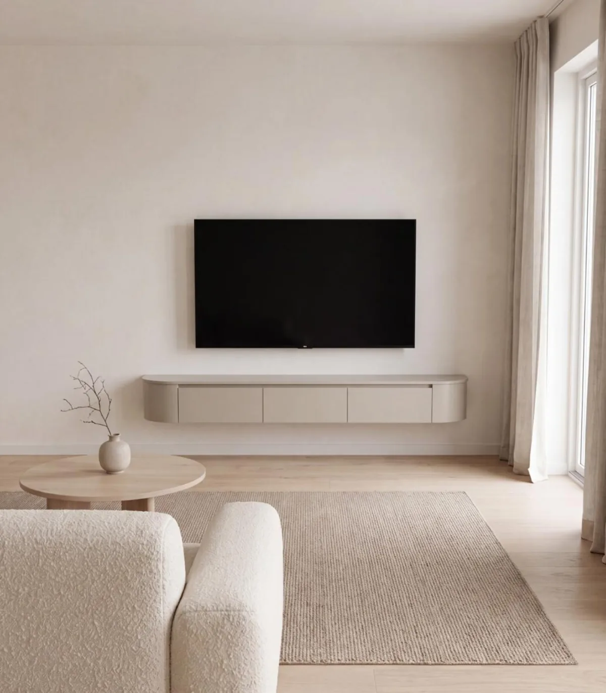 Japandi TV Unit Beige Matt Curved | Met Integrated LED Lighting | Including Hanging System | Pre-assembled