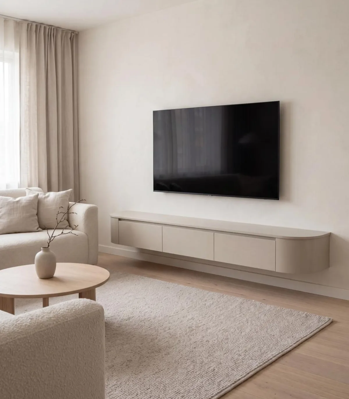 Japandi TV Unit Beige Matt Curved | Met Integrated LED Lighting | Including Hanging System | Pre-assembled hover