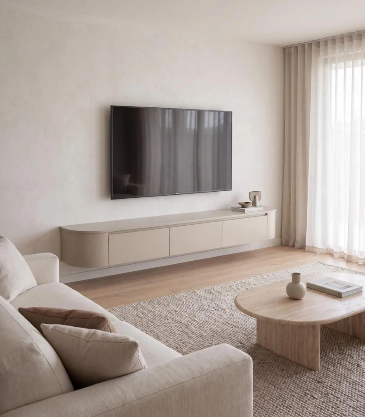 Japandi Tv Meubel Beige Mat Curved | Met Geïntegreerde Ledverlichting | Inclusief Ophang Systeem | Voor Gemonteerd 3