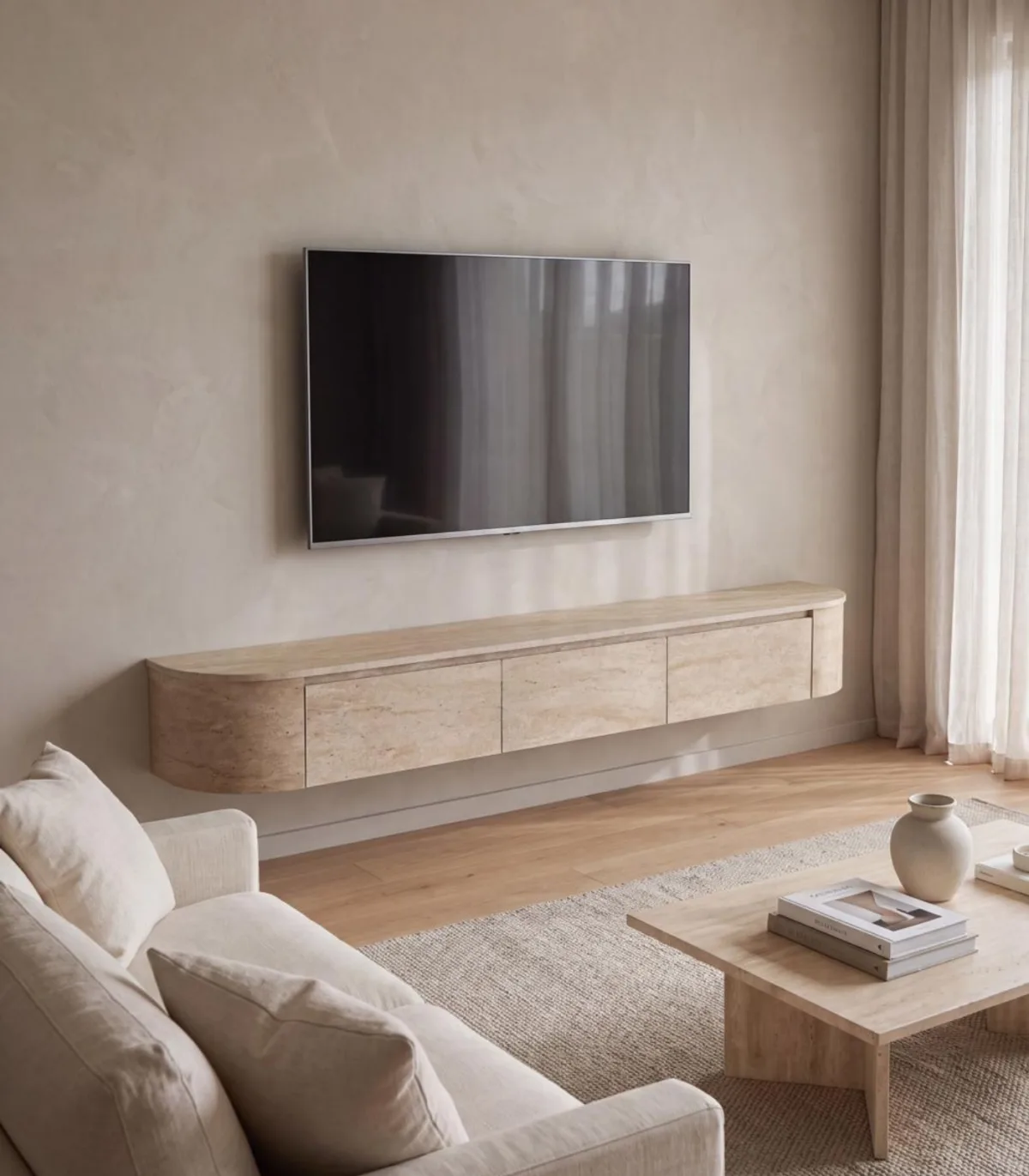 Japandi TV Unit Travertine Curved | Met Integrated LED Lighting | Including Hanging System | Pre-assembled.