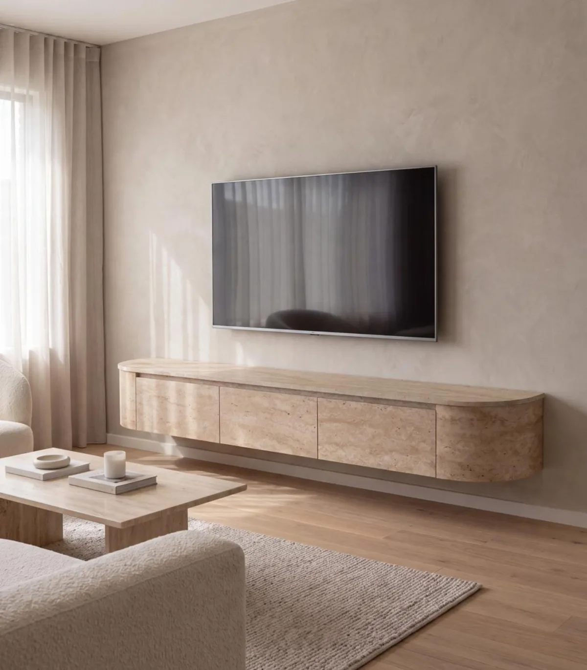 Japandi TV Unit Travertine Curved | Met Integrated LED Lighting | Including Hanging System | Pre-assembled. hover