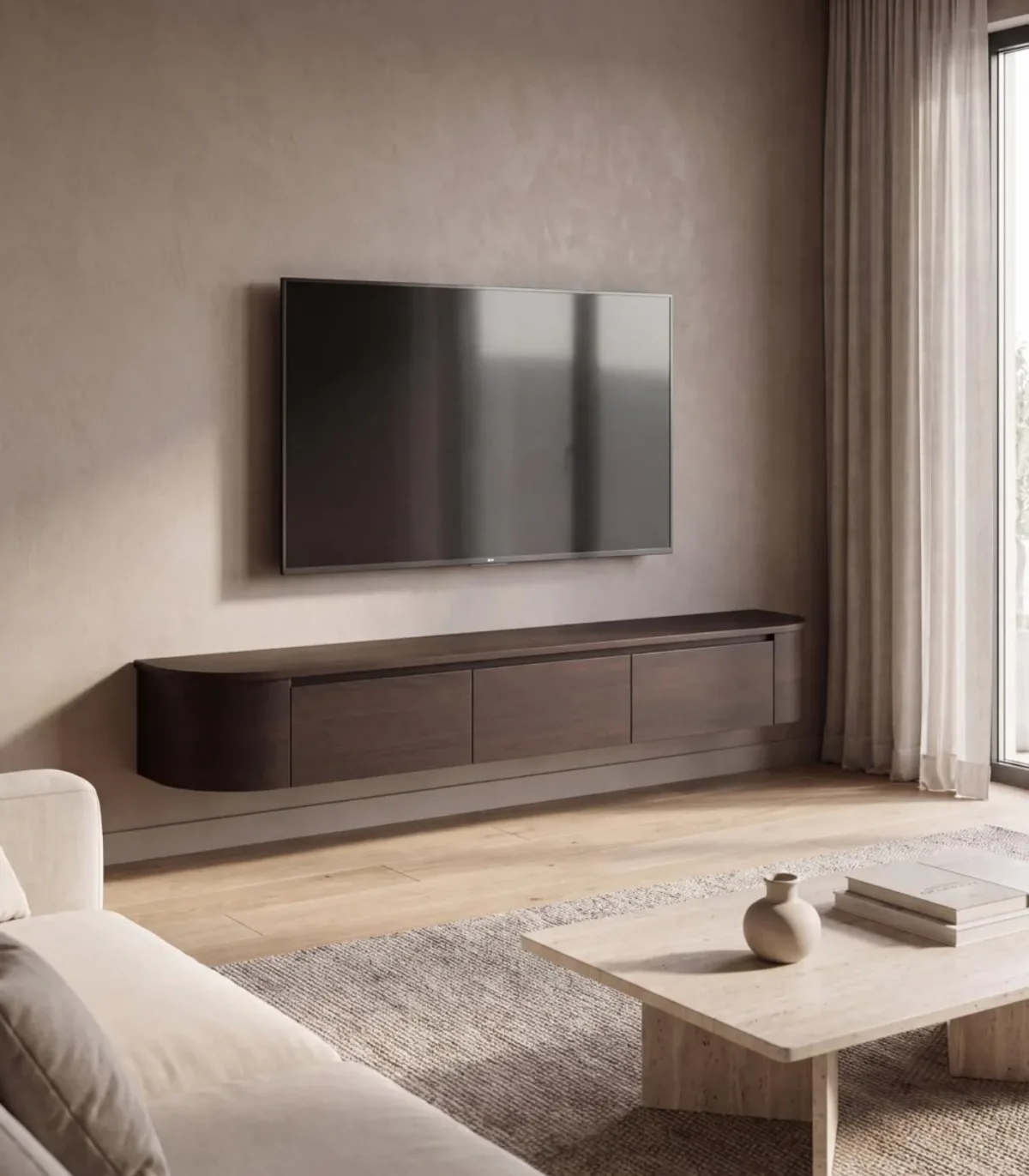 Japandi TV Unit Walnut | Integrated LED Lighting | Floating Curved Cabinet | Volledig Pre-assembled