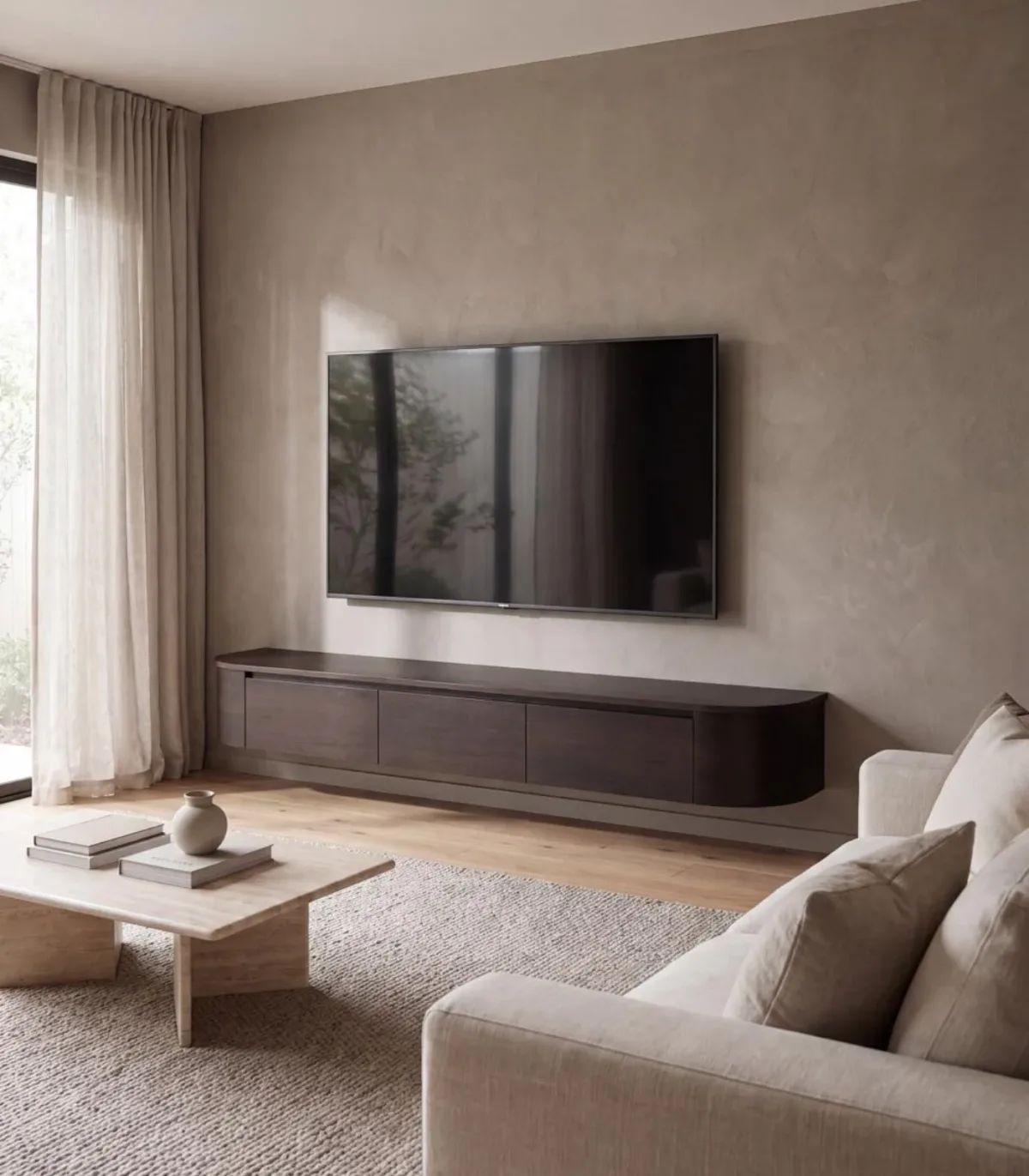 Japandi TV Unit Walnut | Integrated LED Lighting | Floating Curved Cabinet | Volledig Pre-assembled hover