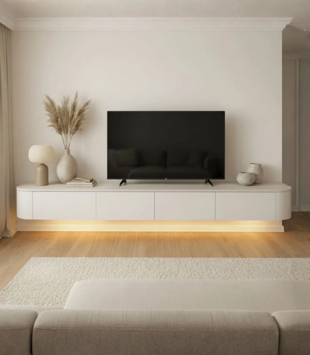 Japandi TV Unit White Curved | Met Integrated LED Lighting | Including Hanging System | Pre-assembled.