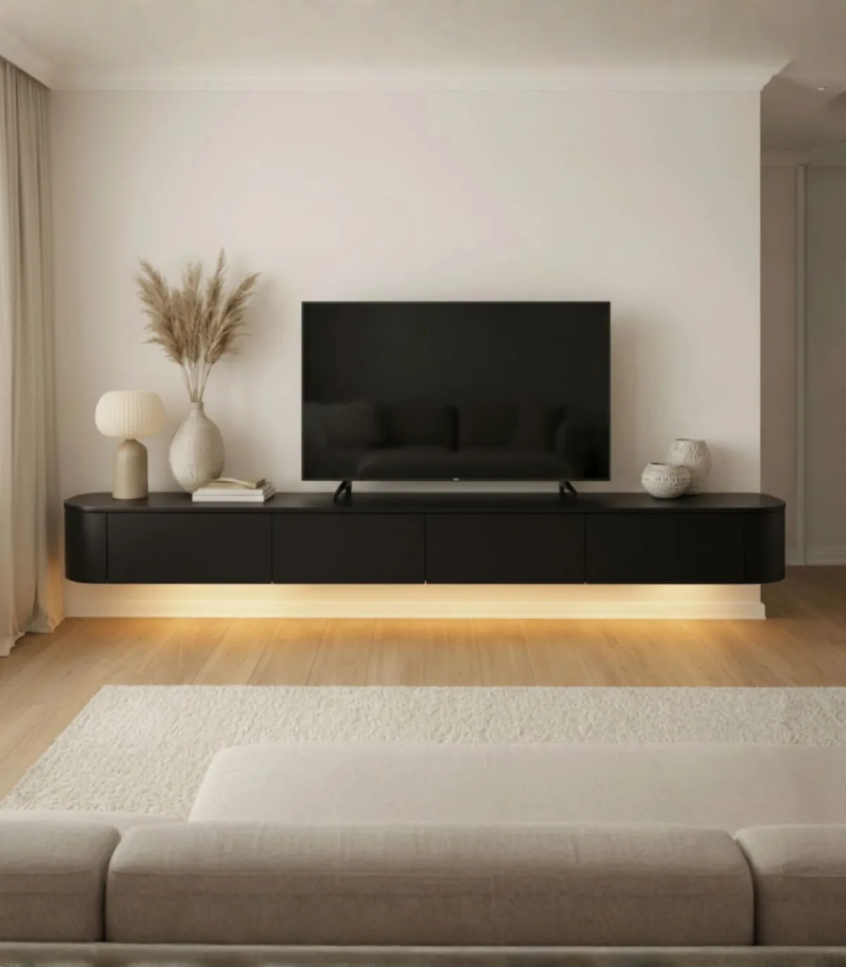 Japandi TV Unit Black Curved | Met Integrated LED Lighting | Including Hanging System | Pre-assembled.