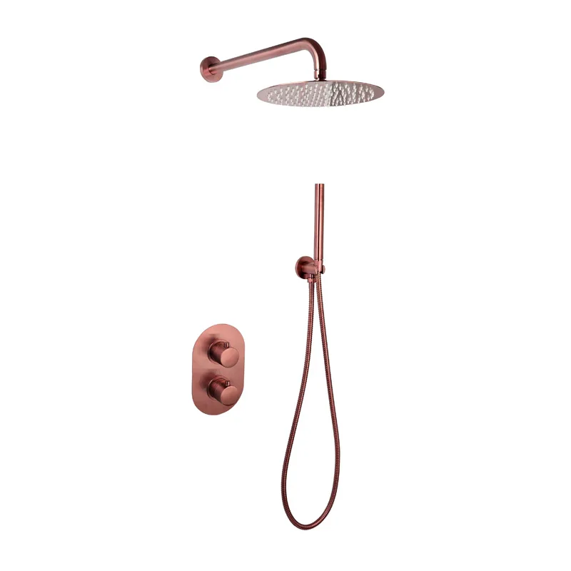 DOUCHESET INBOUW MET BOX THERMOSTAAT EN MUURBEVESTIGING / DOUCHEKOP 25 CM ROND BRONS