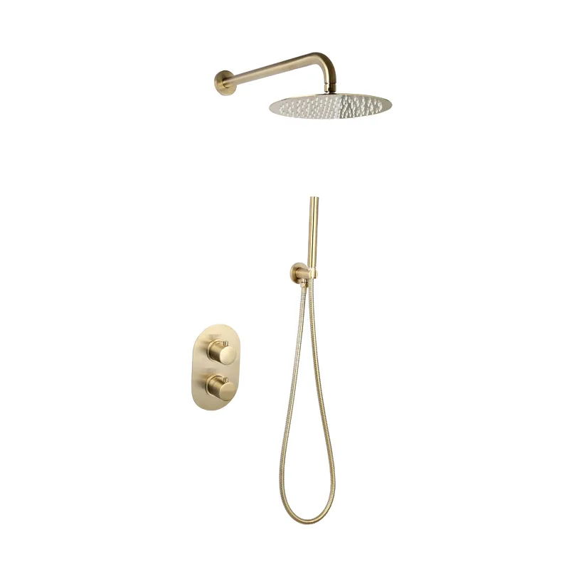 DOUCHESET INBOUW MET BOX THERMOSTAAT EN MUURBEVESTIGING / DOUCHEKOP 25 CM ROND GOUD GEBORSTELD