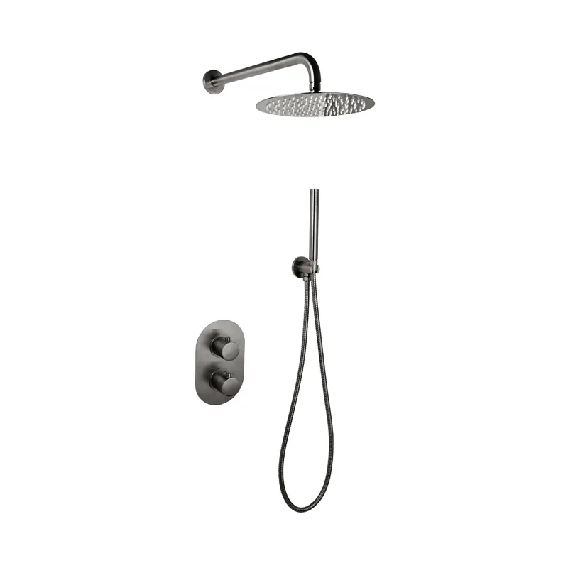 DOUCHESET INBOUW MET BOX THERMOSTAAT EN MUURBEVESTIGING / DOUCHEKOP 25 CM ROND GUN METAL