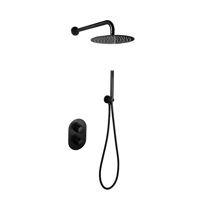 DOUCHESET INBOUW MET BOX THERMOSTAAT EN MUURBEVESTIGING / DOUCHEKOP 25 CM ROND MAT ZWART